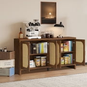 Rattan Sideboard with Storage, Buffet Cabinet with 4 Doors, TV Console with Adjustable Shelves for Living Room, Kitchen, Entryway