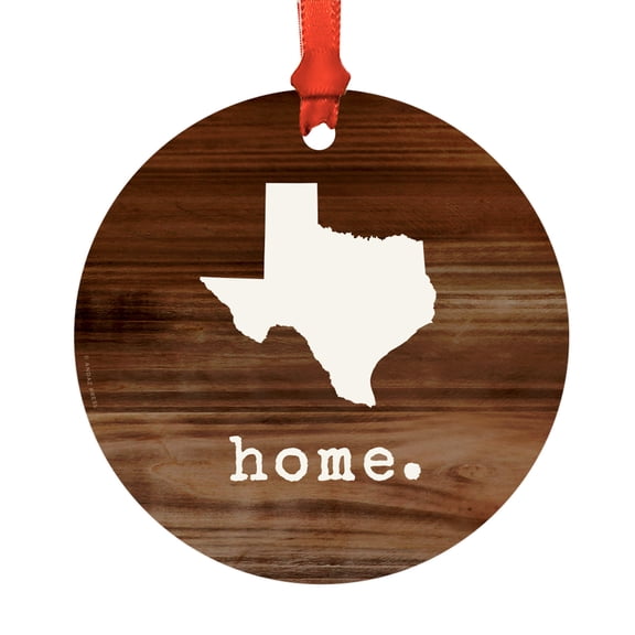 US State Round Metal Christmas Ornament, Rustic Wood Print, Texas, Includes Ribbon and Gift Bag