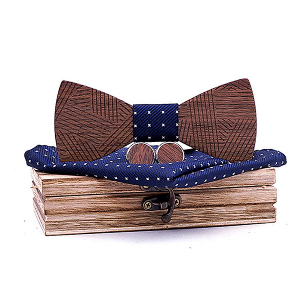 Mens Wooden Bow Tie with Box Adjustable Bowtie Handkerchiefs Cufflinks Set