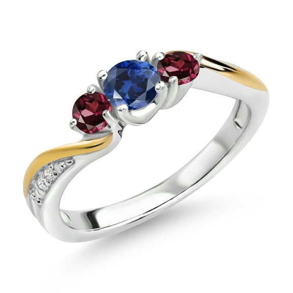 Gem Stone King 925 Silver and 10K Yellow Gold Blue Created Sapphire Red Rhodolite Garnet and Lab Grown Diamond 3 Stone Engagement Ring for Women (0.52 Cttw, September Birthstone, Size 8)