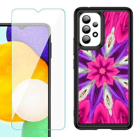 Shockproof Bumper (Black Frame) phone Case for Samsung Galaxy A23 5G, with Tempered Glass Screen Protector, by OneToughShield ® - Kaleidoscope Rose