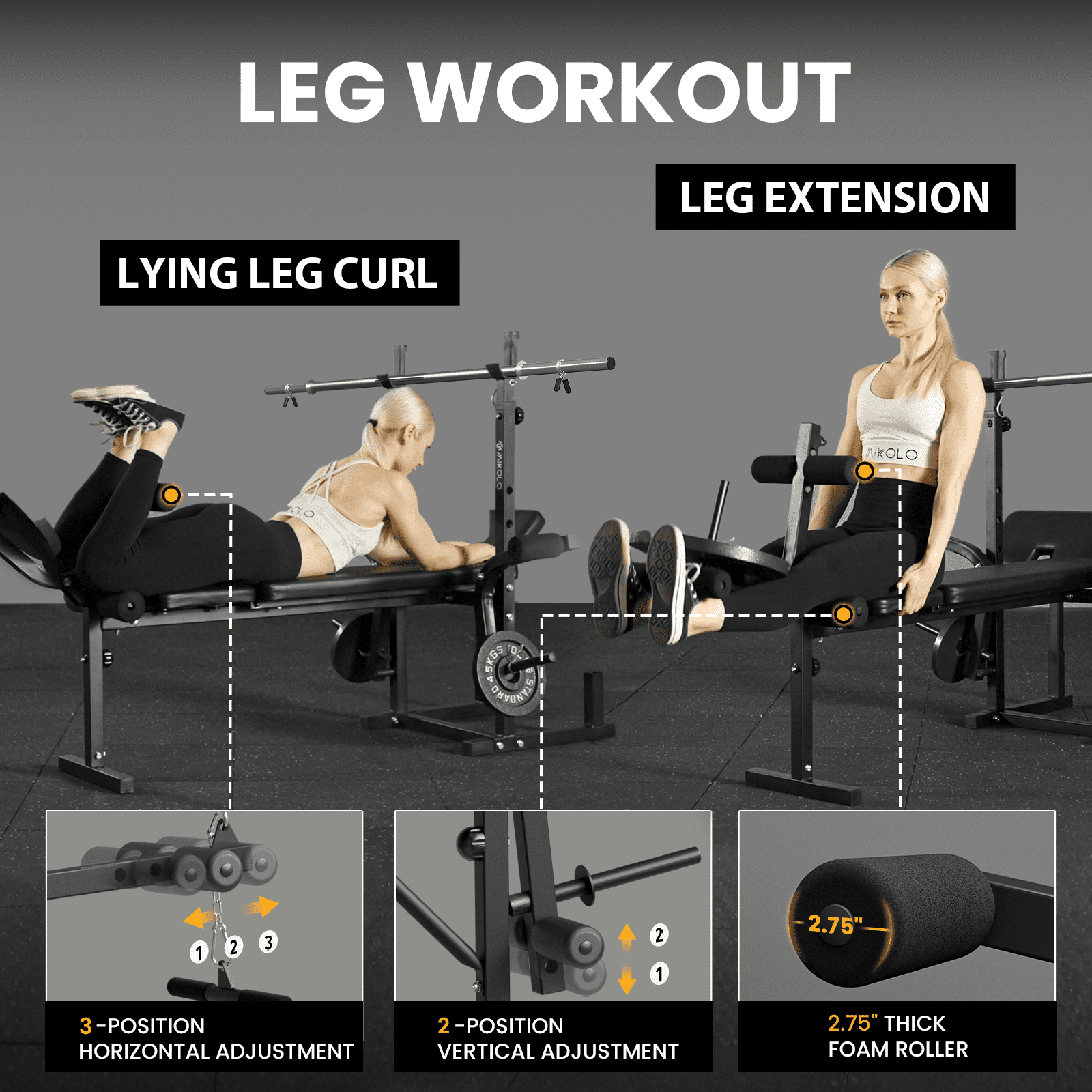 Mikolo Adjustable Weight Bench with Barbell 6 in 1 Lat Pull Down, Leg Extension and Leg Curl, Chest Fly and Preacher Curl Workout Bench Multi-Function Strength Training Bench Press Exercise Equipment