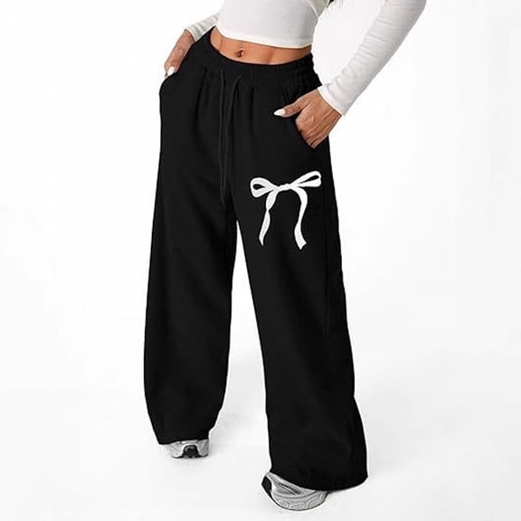 Womens Baggy Bow Sweatpants Oversized Wide Leg Straight Pants Plain Casual Soft Comfort Loose Bottoms Pant Black 2XL