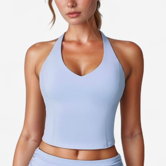 Women's V-Neck Cropped Tank Top with Racer-Inspired Straps and Smooth Contour Fit for Activewear - Medium, Light Blue