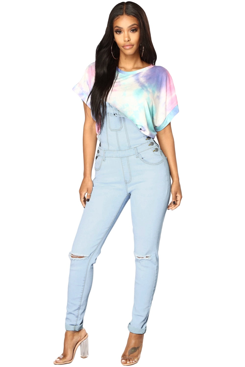 Light Blue Wash Knee Slit Denim Overalls Walmart Canada