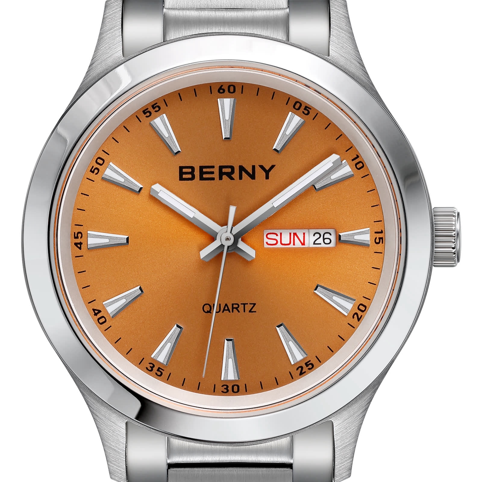 BERNY Quartz Watch for Men, Fashion Sports Wrist Watches with Solid Stainlesss Steel Case & Band, Date & Day Calendar, Casual Waterproof Men's Watches, Orange