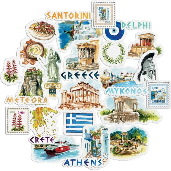 Navy Peony Greece Travel Stickers (29pcs) - Watercolor, Waterproof, Greek Decals For Scrapbooks