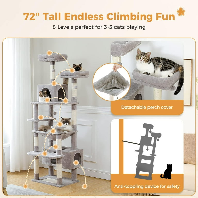 Large Cat Tree 72 Inches Cat Tower for Large Cats Cat Condo with Sisal Covered Scratching Posts and Pads 2 Padded Perch Dual Condo and Basket for