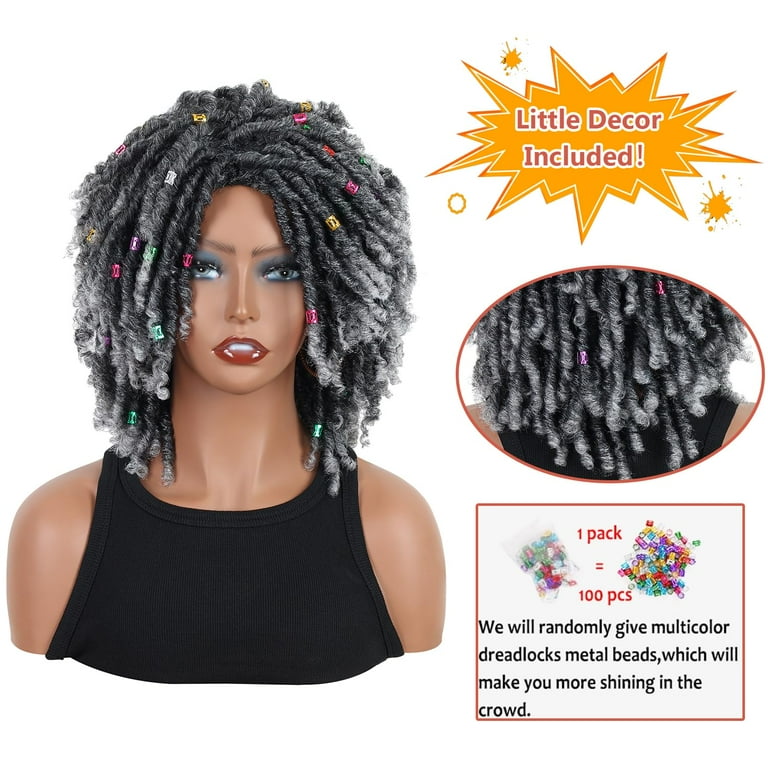 QUEENTAS Dreadlock Wigs for Black Women Braided Wigs Short Curly Braid Wig Synthetic Faux Locs Twist Braiding Hair Wigs Black Grey