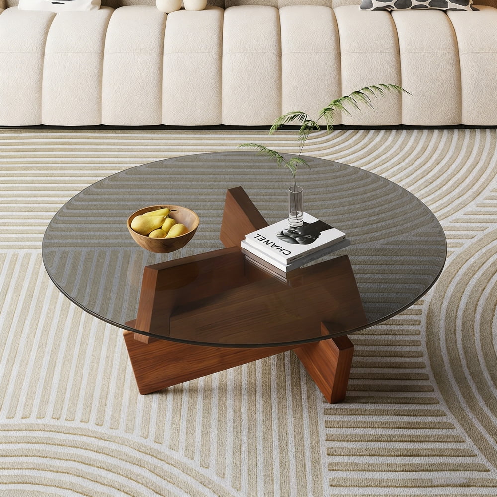 Modern Round Coffee Table for Living Room, 27.5" x 27.5" x 12.2" Mid Century Center Table with Tempered Glass Top and Wood, Walnut
