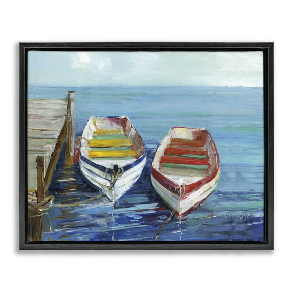 Stupell Industries Twin Boats by Dock Nautical & Beach Painting Black Floater Framed Canvas Art Print Wall Art, 21 x 17