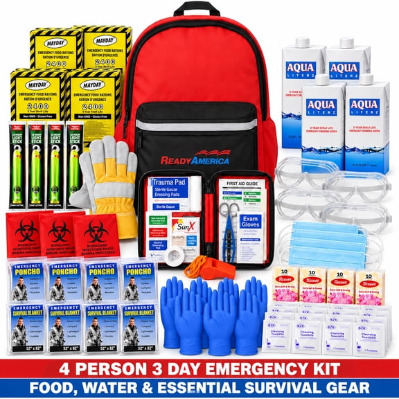Ready America 4-Person 72-Hour Emergency Backpack with Food, Water & First Aid Supplies