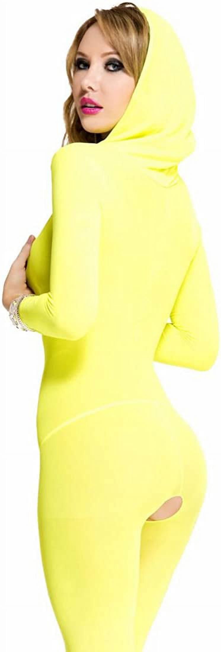 Footless deep V hooded crotchless bodystocking 1686-NEON YELLOW