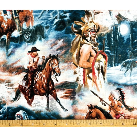 1 Yard - Cowboys & Indians Horses & Wolves Western Scenic Cotton Fabric (Great for Quilting, Sewing, Craft Projects, Throw Pillows & More) 1 Yard X 44" Wide
