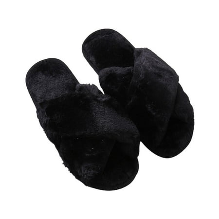 

Autumn and Winter Women Solid Color Open Toe Flat Artificial Wool Slippers Non-slip and Wear-resistant Cross Plush Slippers