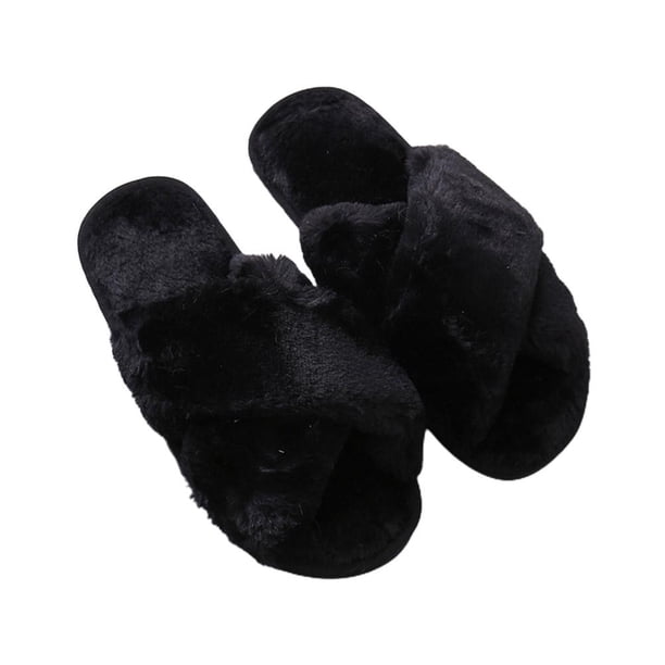 Zapatillas De Lana Artificial Planas Con Punta Abierta De Color Sólido Para Mujer De Otoño E Invierno, Zapatillas De Felpa Cruzadas Antideslizantes Y Resistentes Al Desgaste Scienceny AP007466-03