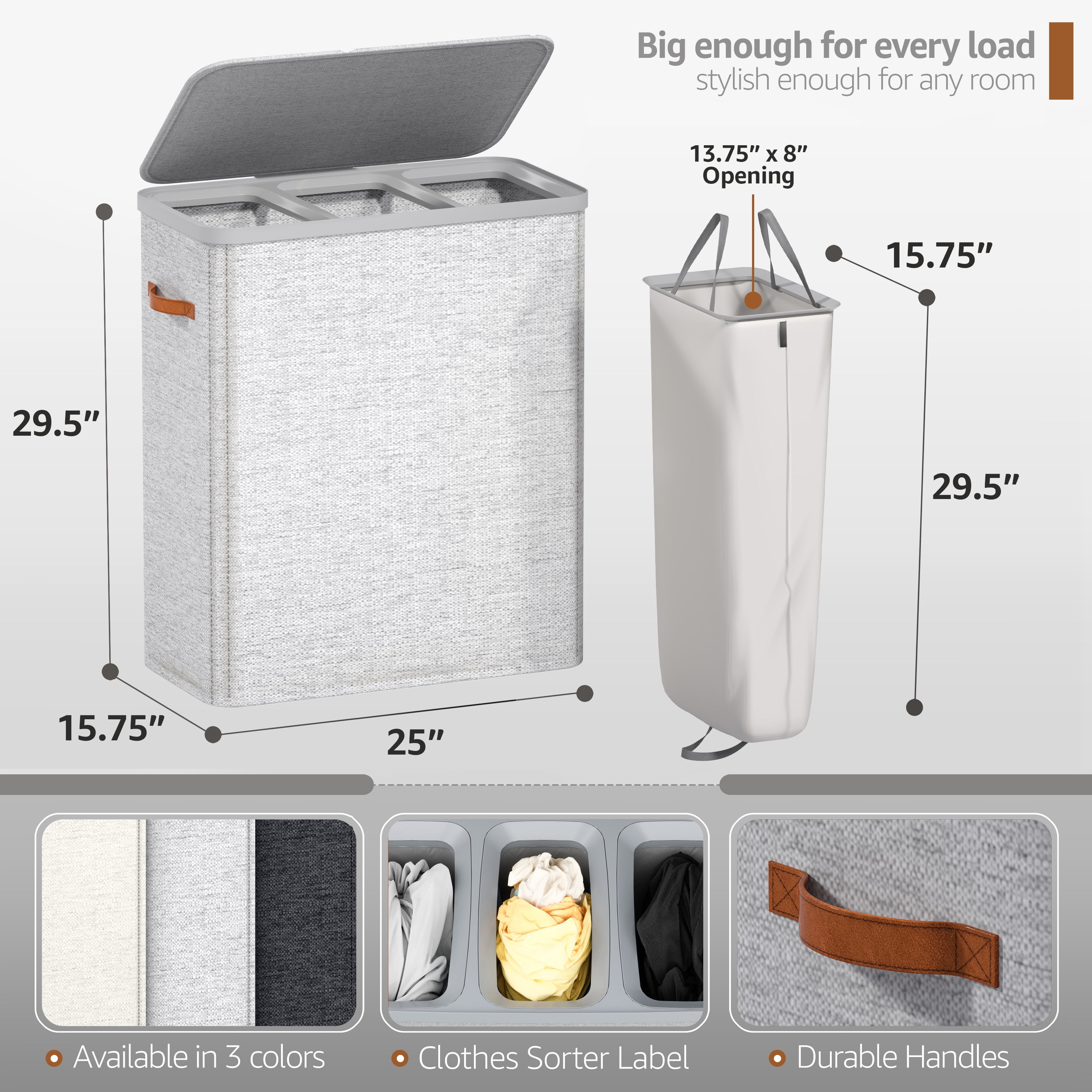Sorbus Collapsible Fabric Laundry Hamper with Removable Bag, 3 Compartment, Gray