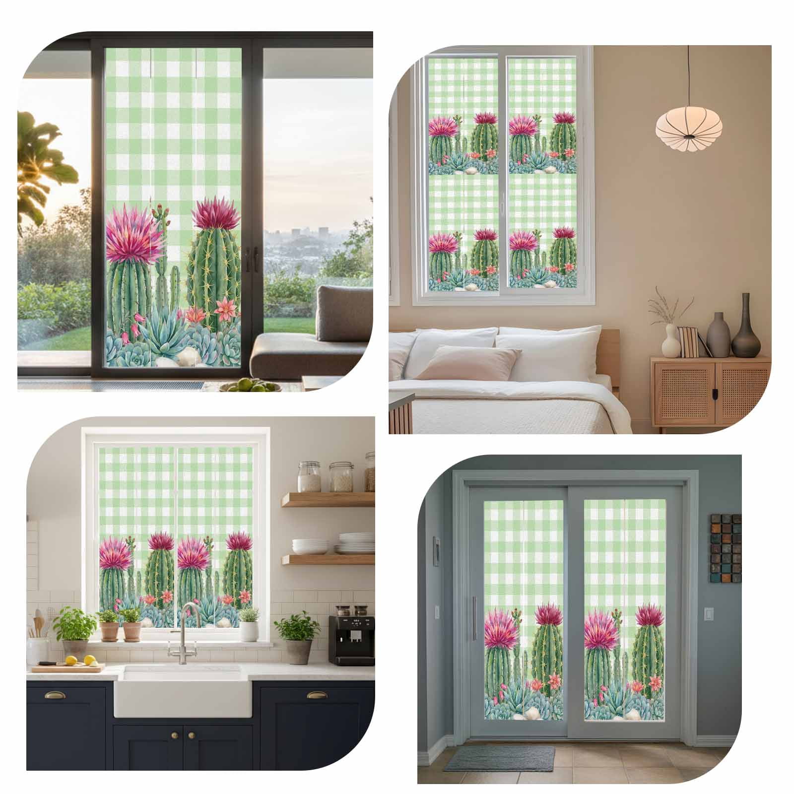 Summer Botanical Window Privacy Film, Tropical Saguaro Opuntia Cactus Green Stripes Frosted Glass Window Clings Static Cling UV Heat Blocking Reusable Door Sticker for Bathroom 23.6 x 59 Inch