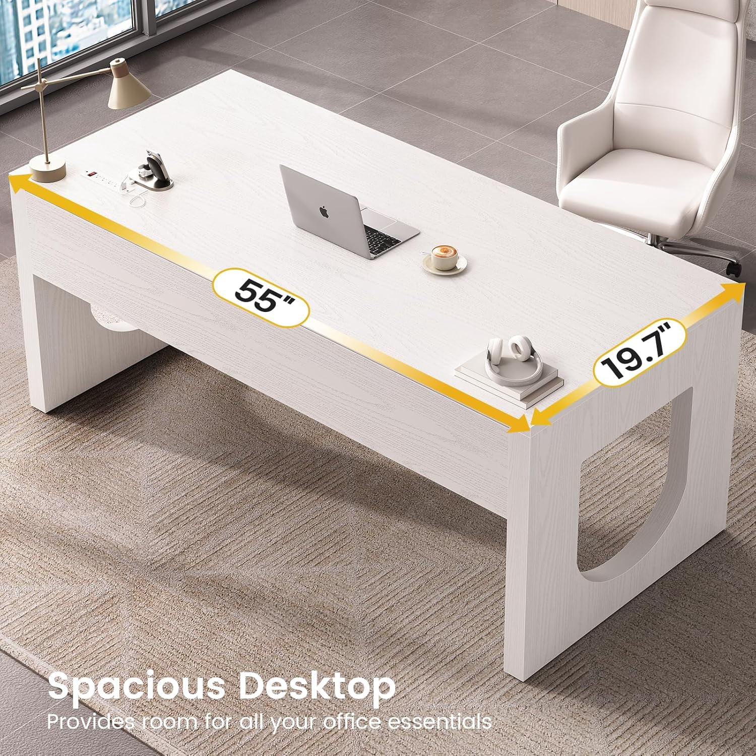 SEDETA 55" Office Desk with 3 Drawers, Modern Executive Desk with U-Shaped Legs, Wood Computer Desk with Power Outlet, Home Office Desks with Relief Texture, White