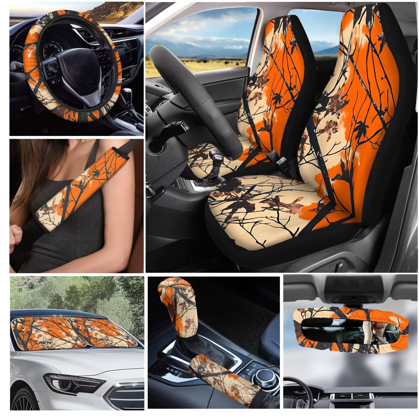Garronmavis Orange Hunting Camo Forest Car Seat Cover Full Set 16 Pieces Belt Pads Cover Keychain Gear Shifting Knob Cup Mats Windshield Sun Shade