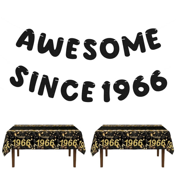 DOVORSY AWESOME SINCE1966 60th Black Birthday Decor Set – 2 Premium Black & Gold Tablecloth with 2 Glitter Banner, Vintage 60th Anniversary Party Supplies for Men & Women
