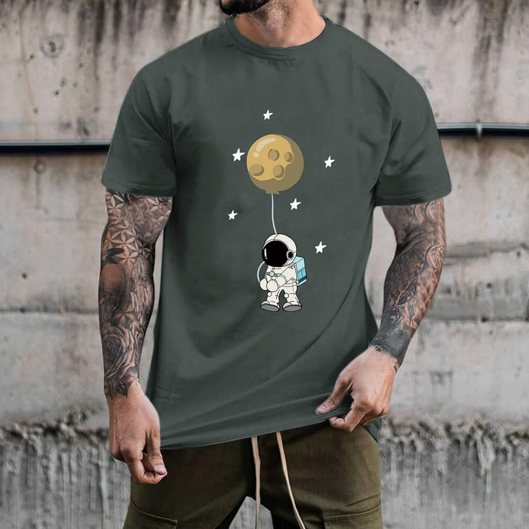 HAPIMO Outer Space Astronauts Graphic Print Blouse Casual Regular Fit Tee  Clothes Men's Summer Shirts Round Neck Fashion Tops Short Sleeve T-Shirt  for