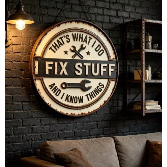 Vintage Metal Tin Sign That'S What I Do I Fix Stuff and I Things | Funny Round Decor for Garage Workshop Man Cave | Distressed Rust-Effect Wrench Wall Art for Mechanics Handymen | Indoor or Outdoor