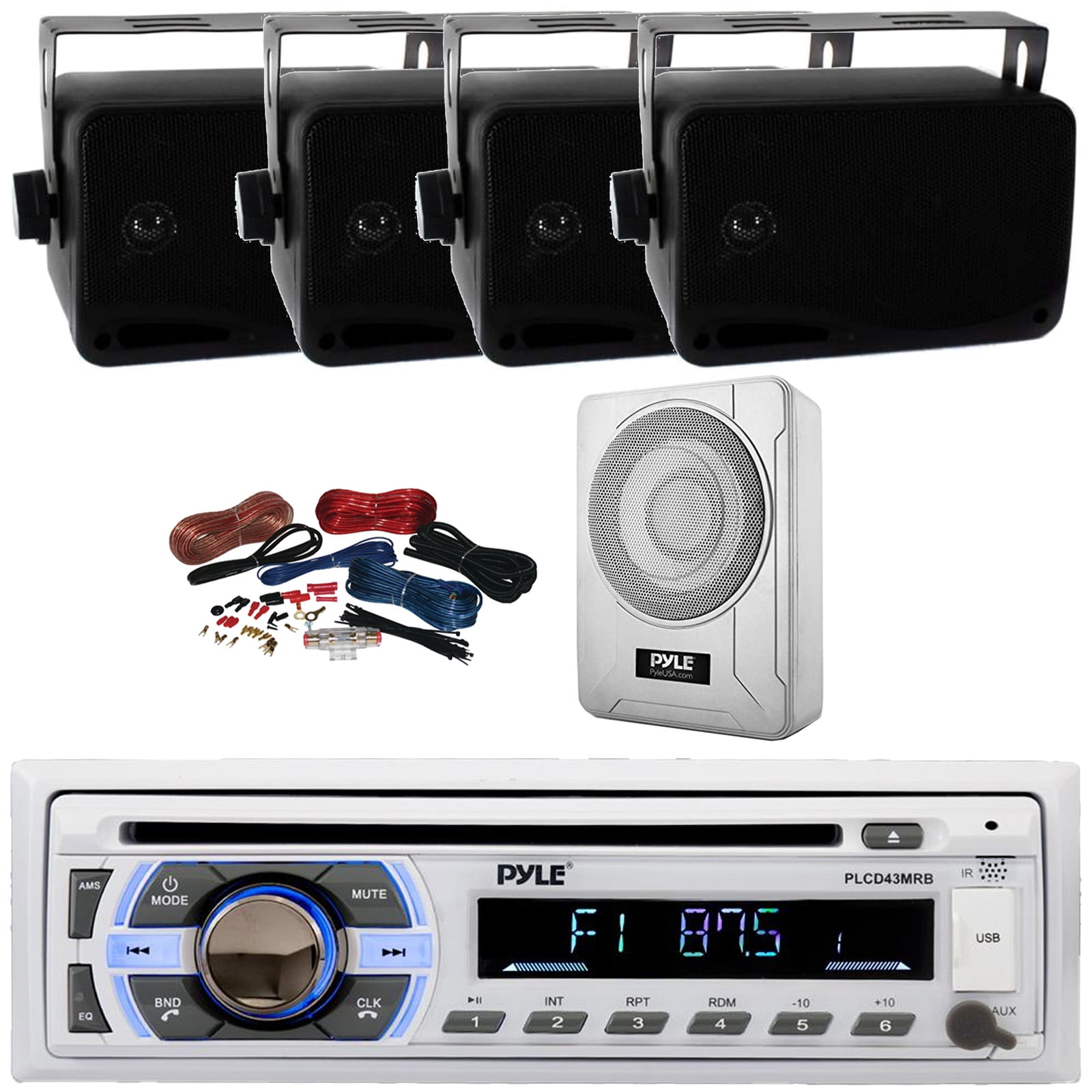 Pyle PLCD43MRB Single DIN Marine Bluetooth USB/AUX MP3 Player AM/FM Radio In-Dash Head Unit Stereo Receiver, 4x 3.5'' 200W Max 3-Way Indoor/Outdoor Speakers, 8” 600W Max Under-Seat Subwoofer W/Kit