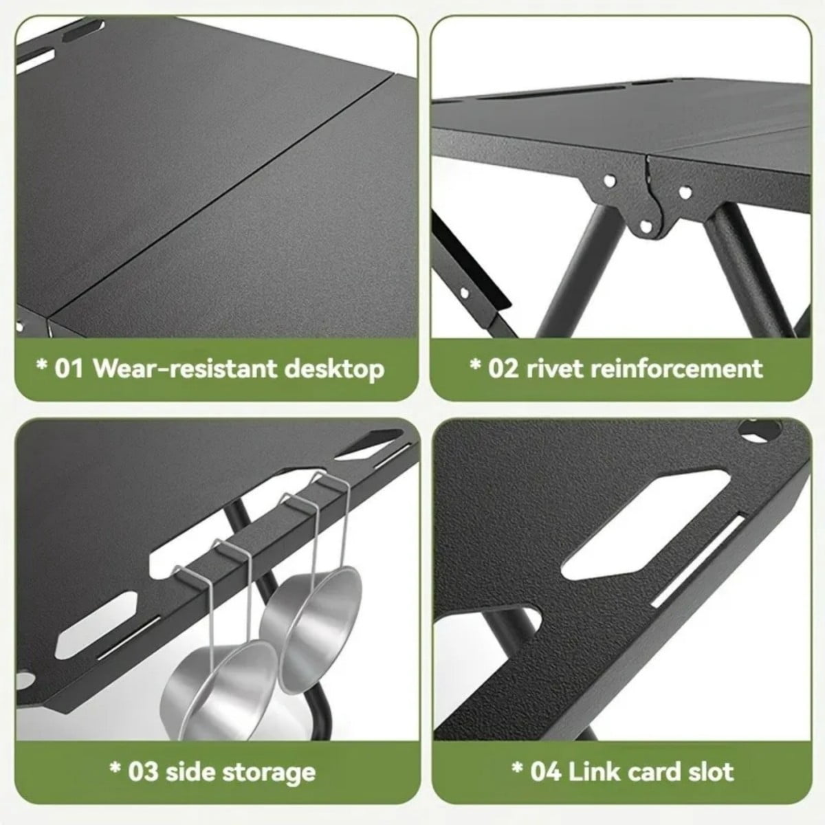 Portable Folding Camping Table, 150 LBS Heavy Duty Iron Picnic Table, Lightweight 6.6 LBS Outdoor Table with Side Hanging Hooks, Dark Gray