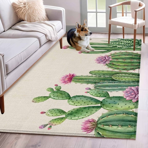 Green Cactus Tropical Area Rugs 2.7'x5', Washable Small Throw Rugs for Kitchen Bedroom, Summer Vintage Botanical Indoor Outdoor Rug Non-Slip Low Pile Carpet Runner Reversible Floor Mats