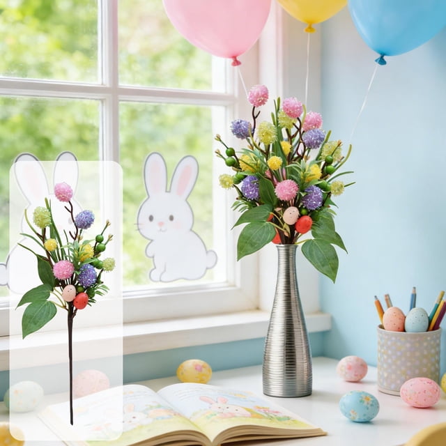 Rama decorativa de Pascua con bolas parpadeantes de colores y hojas verdes | Ramo floral artificial de 35 cm para arreglos florales | Decoración para el hogar y tiendas