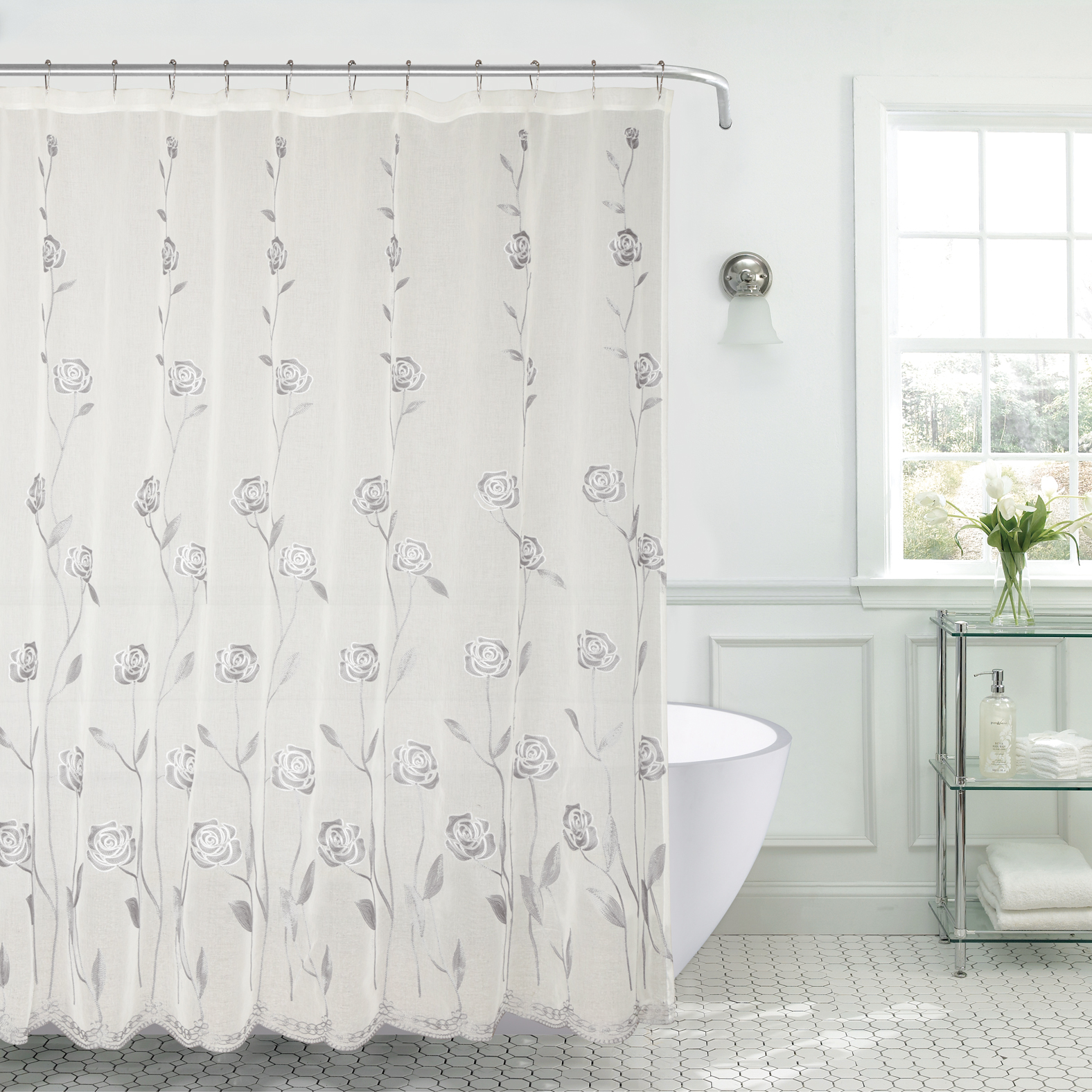 Serafina Home Silver Floral Shower Curtain For The Bathroom