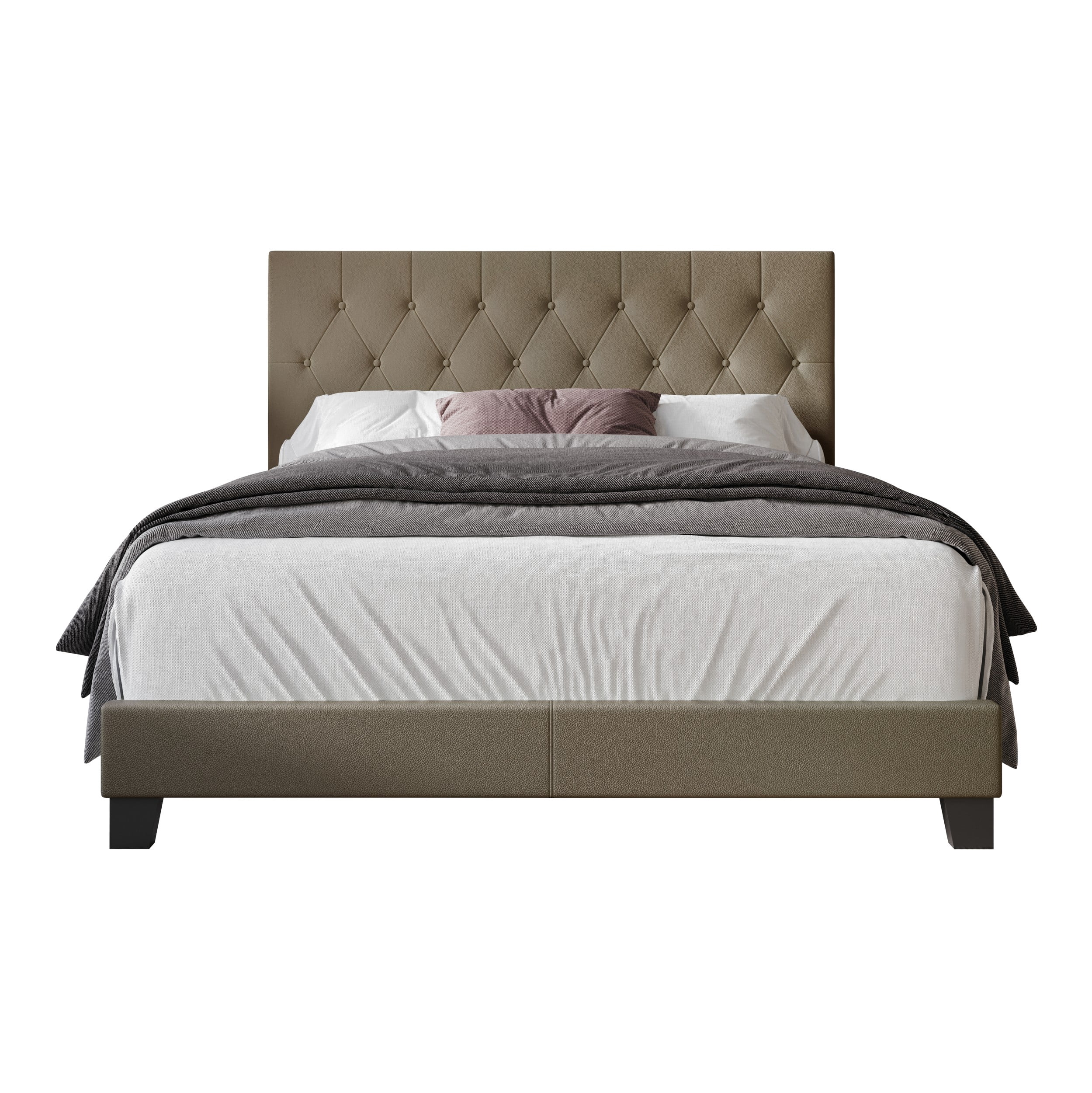 Home Design Omaha Queen Tufted Upholstered Panel Bed Frame, Gray Brown, Easy Assembly