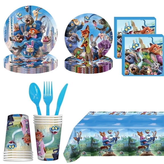 81 Pcs Cartoon Animals Party Tableware, Birthday Party Supplies, Paper Plates, Napkins, Cups, Knives, Spoons and Forks