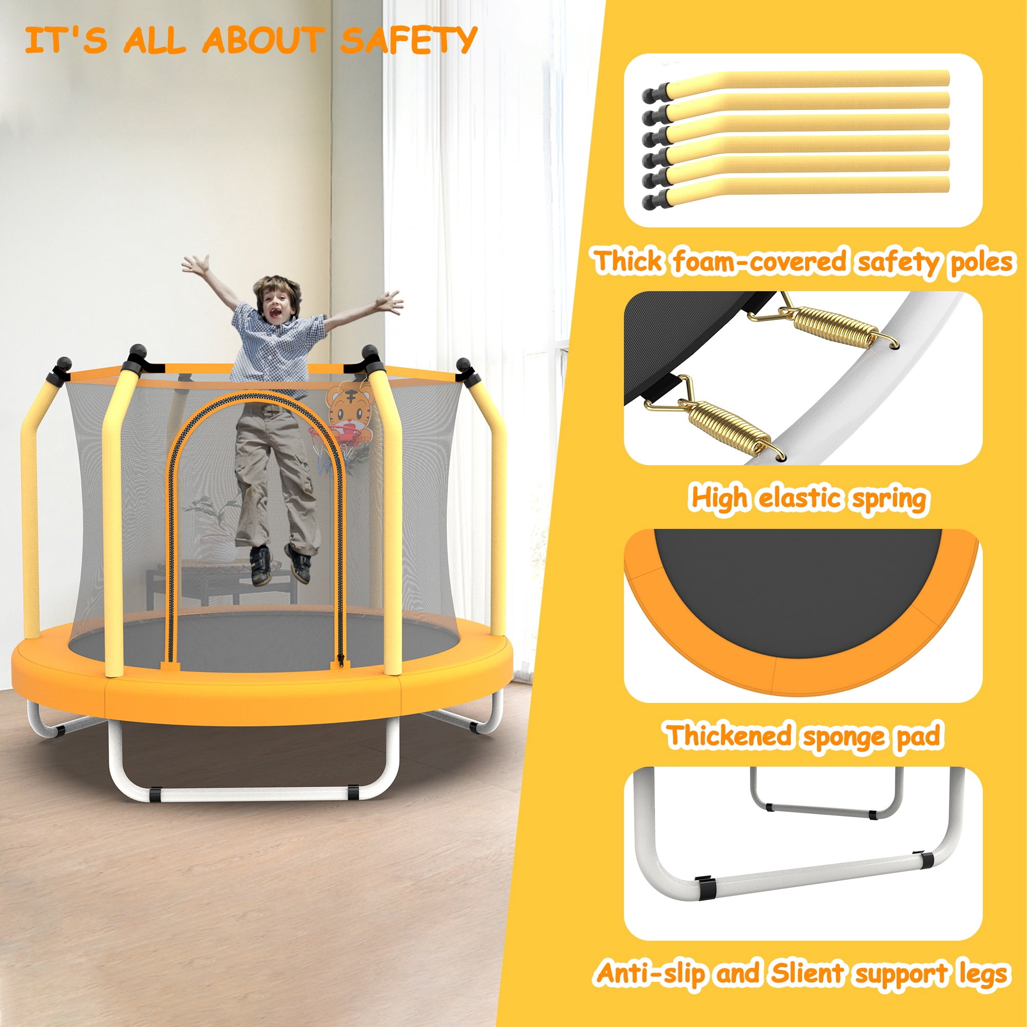55" Toddler Trampoline with Safety Enclosure Net, Trampoline Indoor & Outdoor, Mini Trampoline for Kids 1-8 with Basketball Hoop, Ball and Thick Foam Protection, Birthday Gifts for Boy & Girl