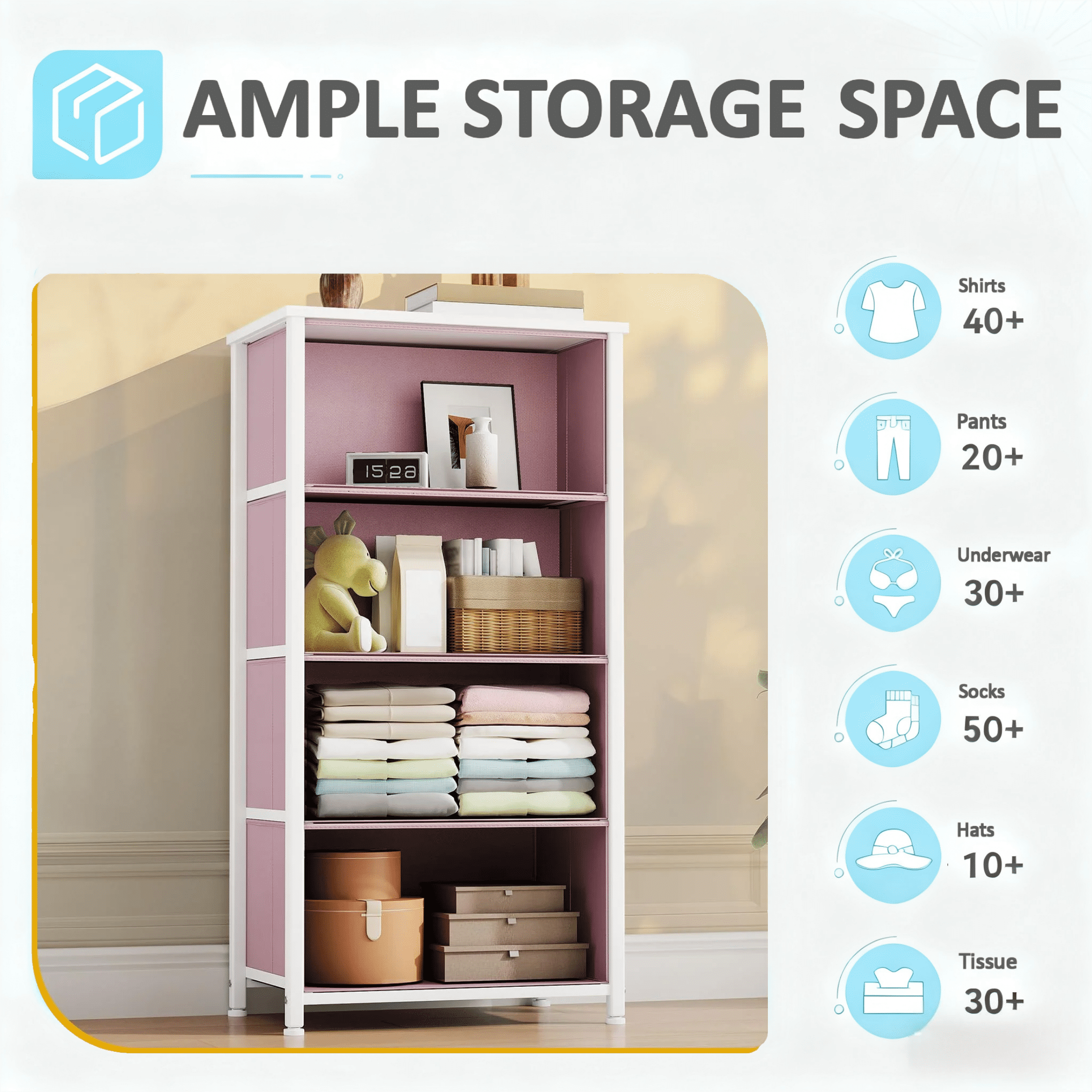 CONCETTA 4 Drawer Dresser, Wide Chest Drawers Nightstand Storage Tower Storage Fabric Dresser With Wood Top for Living Room, Bedroom, Closet, Pink