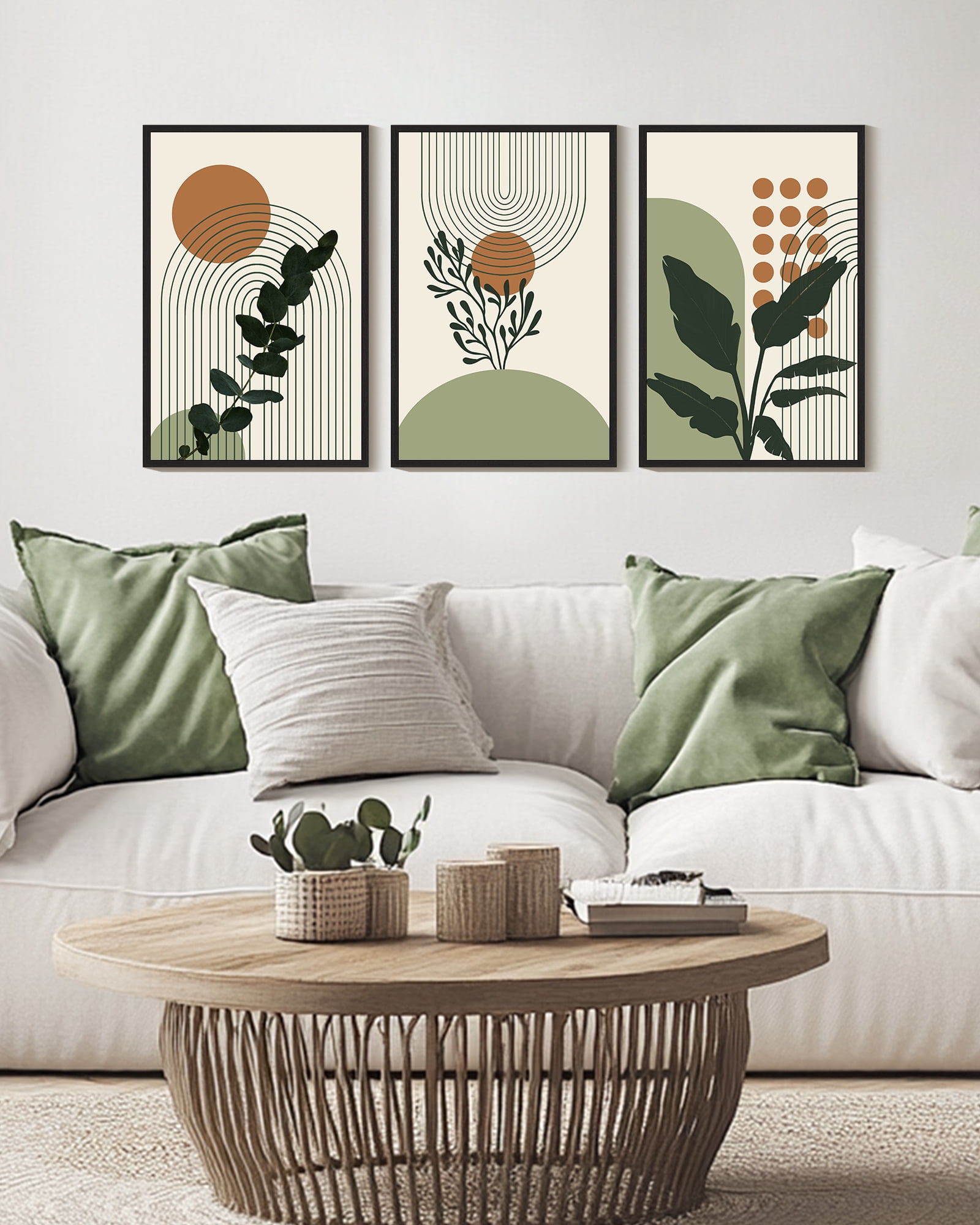 Drsoum 16x24in3pcs Black Framed Boho Plant Wall Decor Green Botanical Bohemain Wall Printing Abstract Prints with Leaf & Sun Lines Art