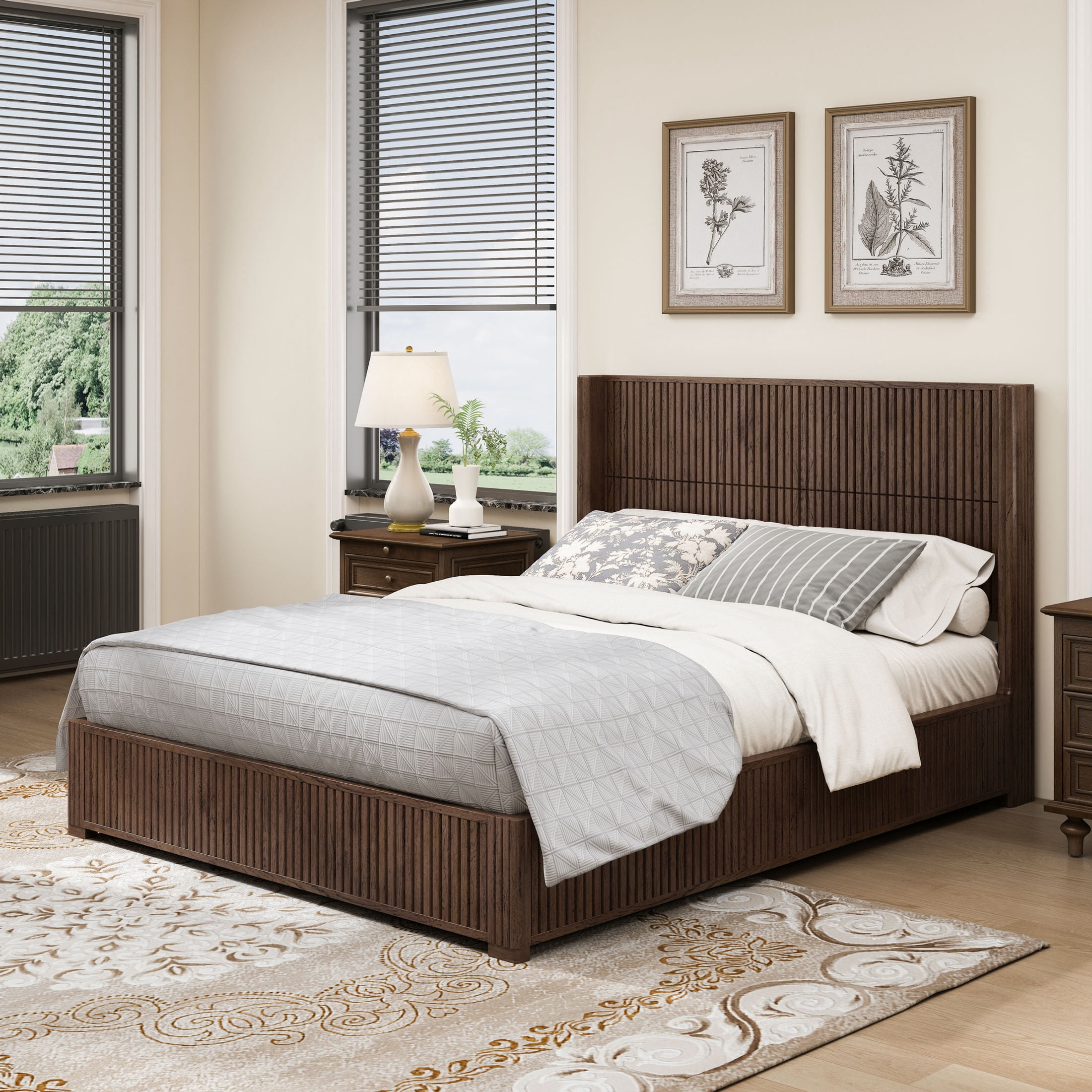 GDF Studio Queen Size Solid Wood Platform Bed with Wingback Headboard, No Box Spring Needed, Walnut