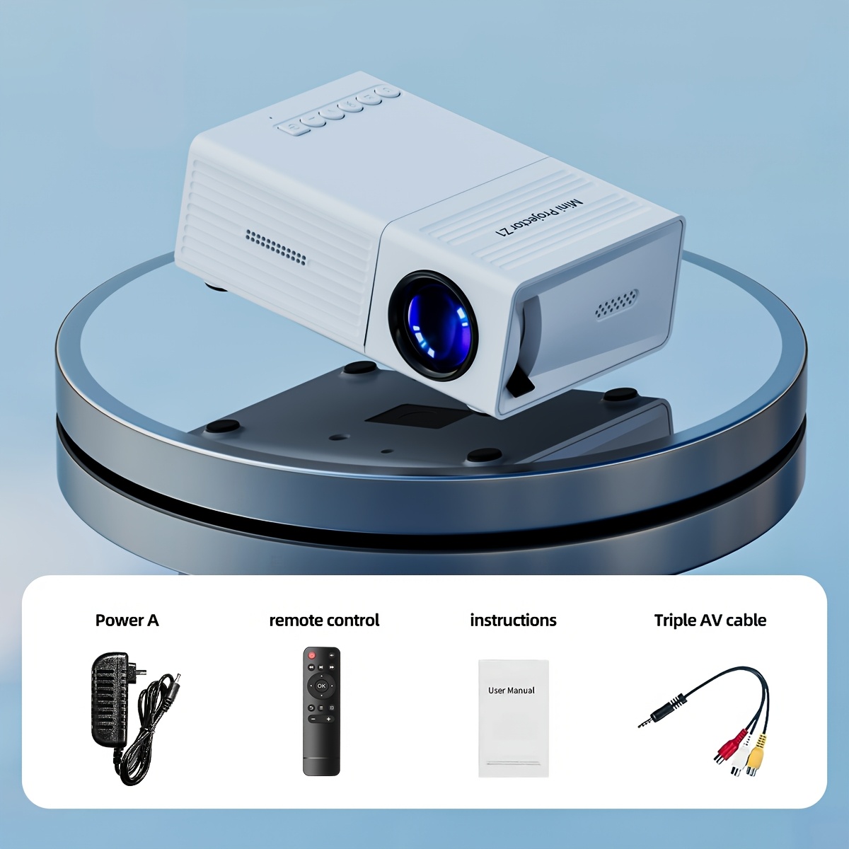Compact Projector That Supports 1080P, Features USB Connectivity, And Comes with a Remote Control. It Is Compatible with Smartphones, Tablets, Laptops, TV Sticks, And USB Drives.