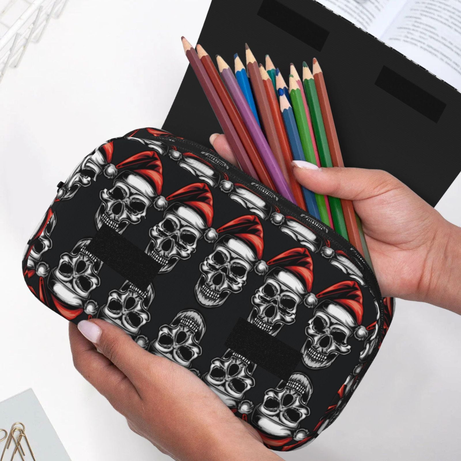 Rateoe Skull santa hat Pattern Double Clamshell Pen Case, Storage Organizer with Two Zipper Compartments– Holds Up to 50 Pencils & Pens