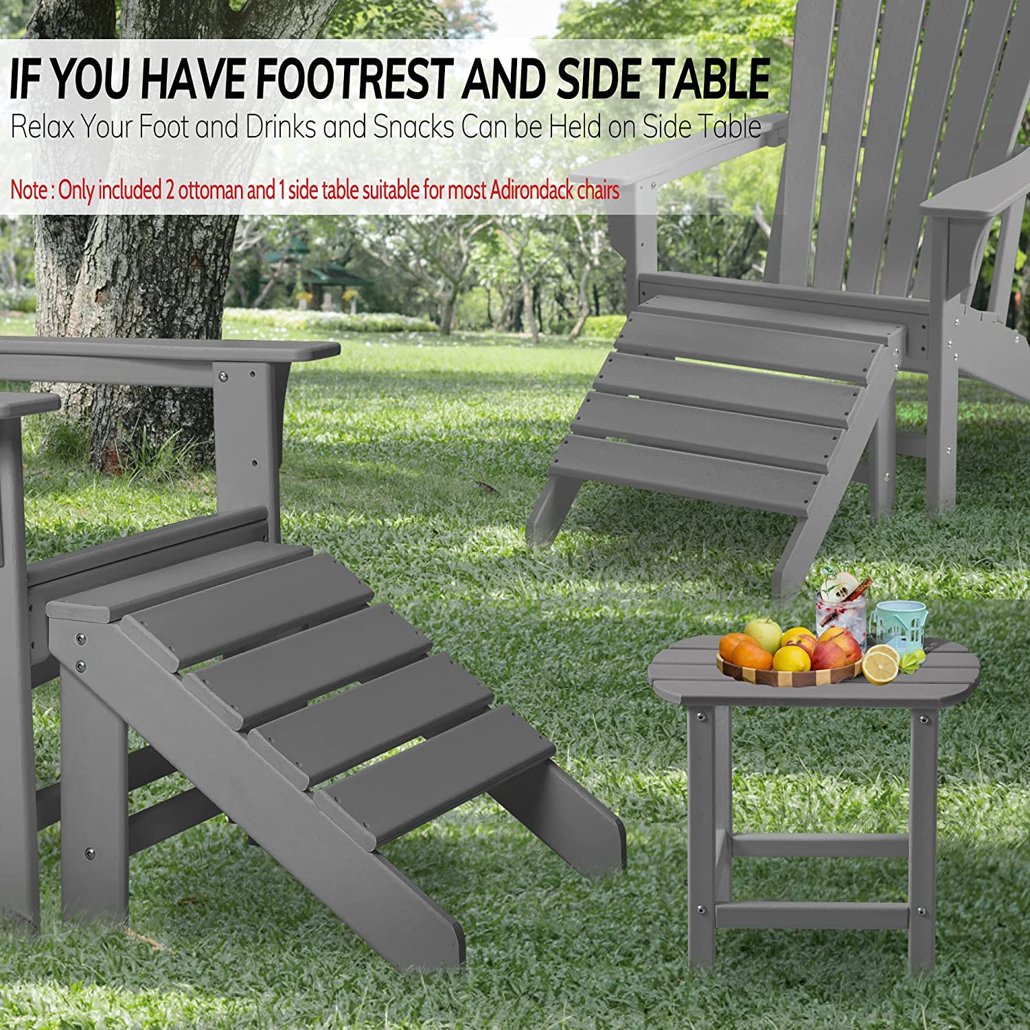FHFO Adirondack Ottoman and Side Table for Adirondack Chairs, 2 Pieces Outdoor Adirondack Footrest & 1 Piece End Table, Weather Resistant Footstool Table for Adirondack Chair （Grey） - image 5 of 5