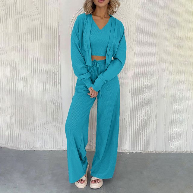 Puntoco Trajes de chándal de otoño para mujer Conjuntos de 3 piezas Conjuntos a juego Cárdigan de punto acanalado Camisetas sin mangas recortadas Pantalones de pierna ancha Liquidación Puntoco Puntoco-1493