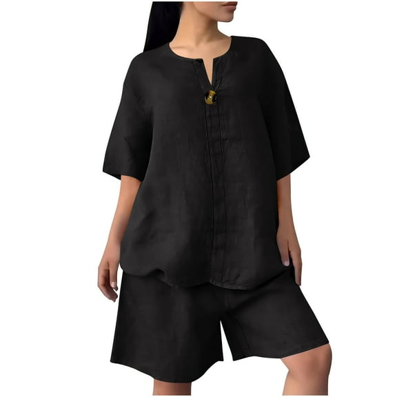 Riecok Linen Sets for Women Plus Size Crewneck 3/4 Sleeve Button Tops and Shorts Solid Casual Loose 2 Piece Outfit