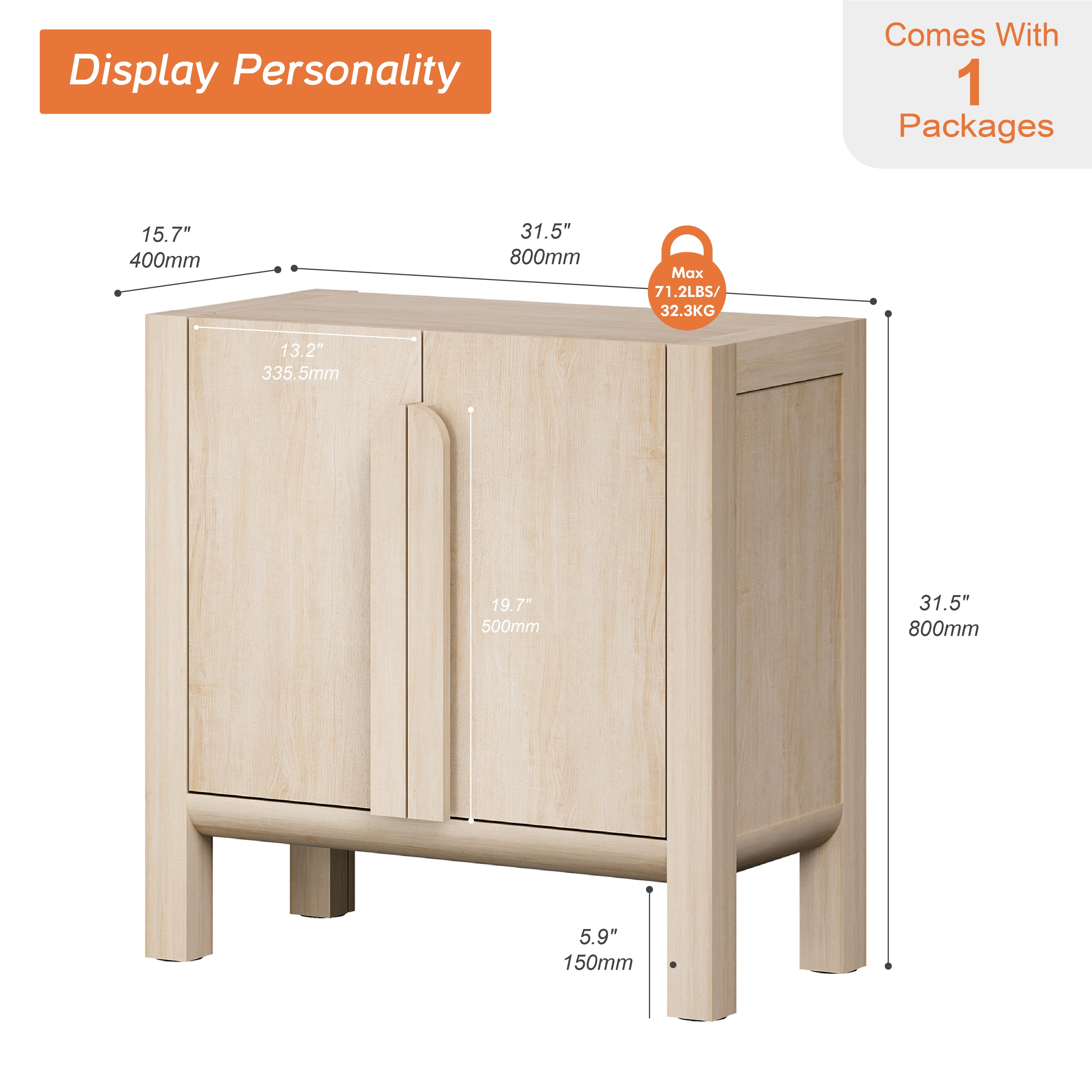 Mid-Century Modern 31.5" Sideboard Buffet Cabinet with Storage, Wood Credenza with 2 Doors and Adjustable Shelves for Kitchen Living Room, Dining Room