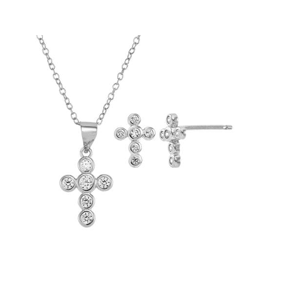 Women's Finecraft Cross Pendant Necklace and Earrings Set with Cubic Zirconia in Sterling Silver