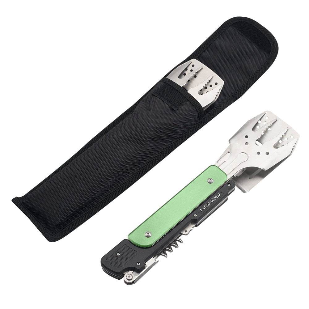 Roxon 6-in-1 Collapsible Grill Multitool - Fork, Spatula, Wine Opener, Knife, Tong- Green Color