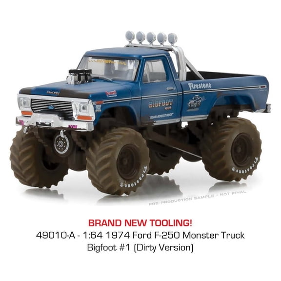 GreenLight Collectibles 1974 Ford F-250 Bigfoot #1 Monster Truck Kings of Crunch Series 1 Dirty Version Die-Cast 1:64 Scale