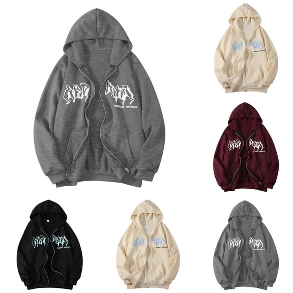 Mens Y2k Gothic Hoodie Graphic Zip Up Jacket Hop Streetwear Baggy Long Sleeve Sweatshirt Grey S