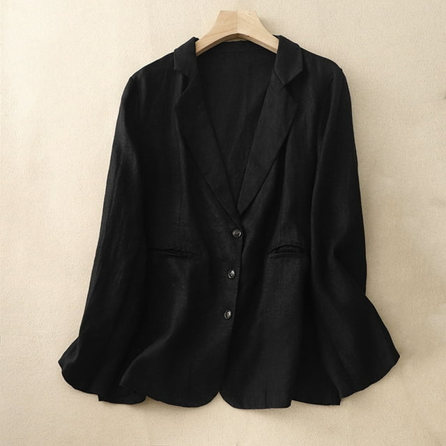 Drppepioner Blazer Chandail Femme Printemps Été Lin Décontracté Manches Longues Col Rond Blouse Ample Noir