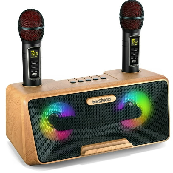 MASINGO Machine de Karaoké pour Adultes et Enfants avec 2 Microphones Sans Fil, Haut-Parleur Chantant Bluetooth Portable, Lumières LED Colorées, Système PA, Support d'Affichage de Paroles et Câble de Télévision - Presto G2 (Bois)